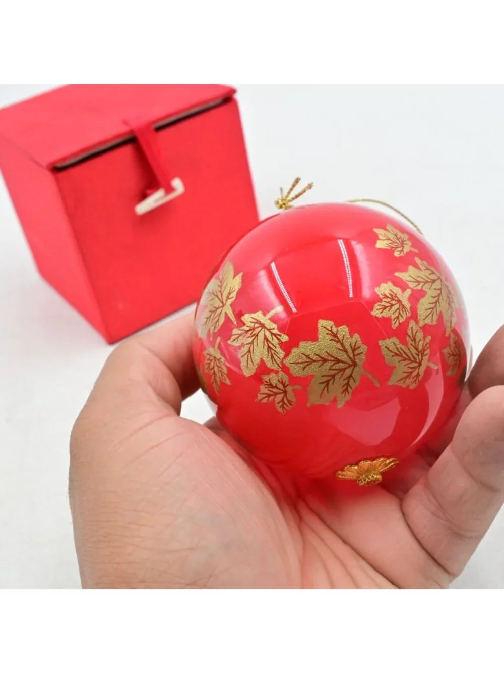Reversed Painted Gold Stencil Autumn Leaves Red Glass Christmas Ornament w/ Box
